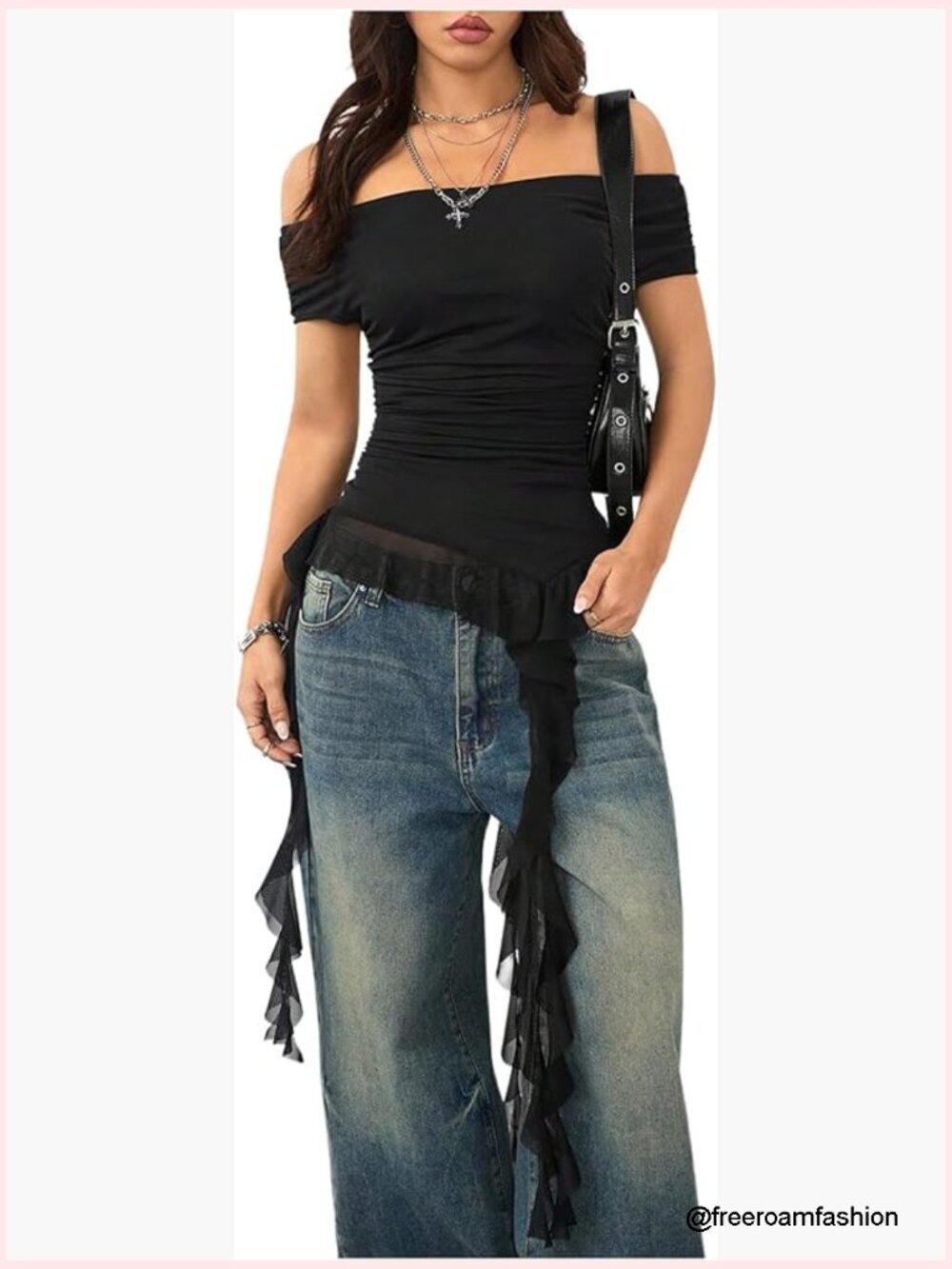 Off Shoulder Cap Sleeve Ruffle Asymmetrical Hem Ruched Tee Y2k Summer Tops